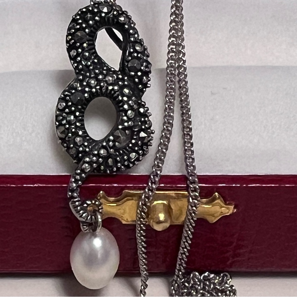 Beguiling Sterling Silver Snake Amulet Necklace w/ Marcasite & Freshwater Pearl